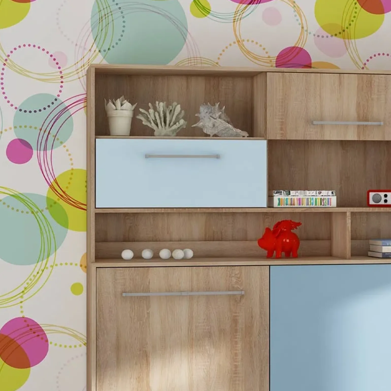 Letto a scomparsa orizzontale 90x200cm singolo con libreria rovere blu Alvin Gihome®