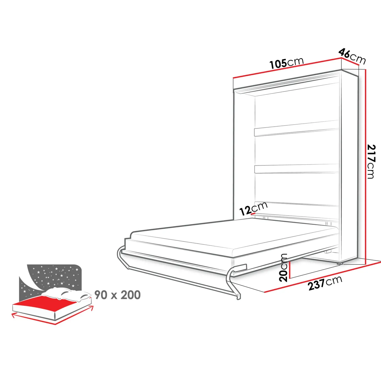 Letto a scomparsa verticale 90x200 cm singolo bianco Chimera