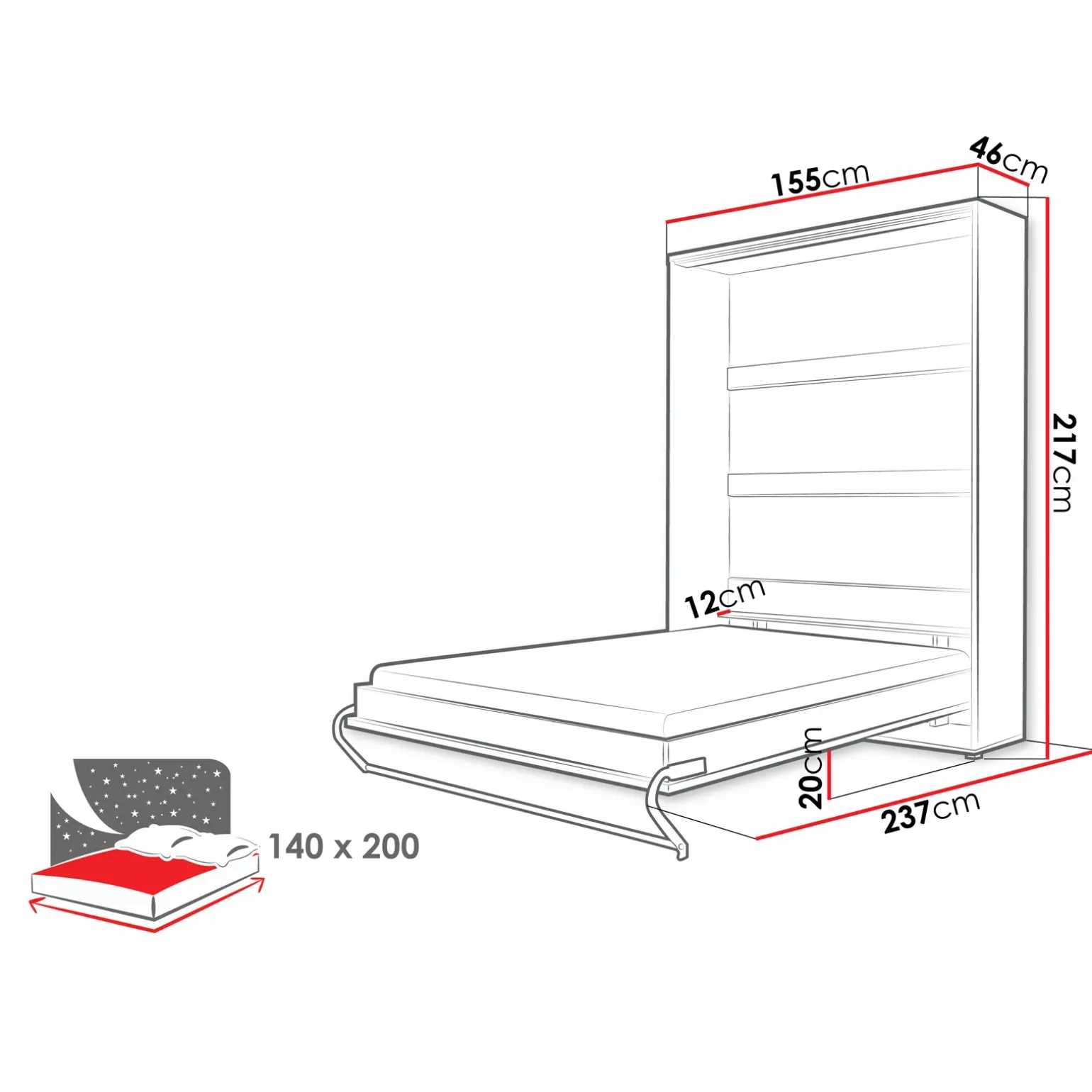 Letto a scomparsa verticale 140x200 cm alla francese bianco Chimera