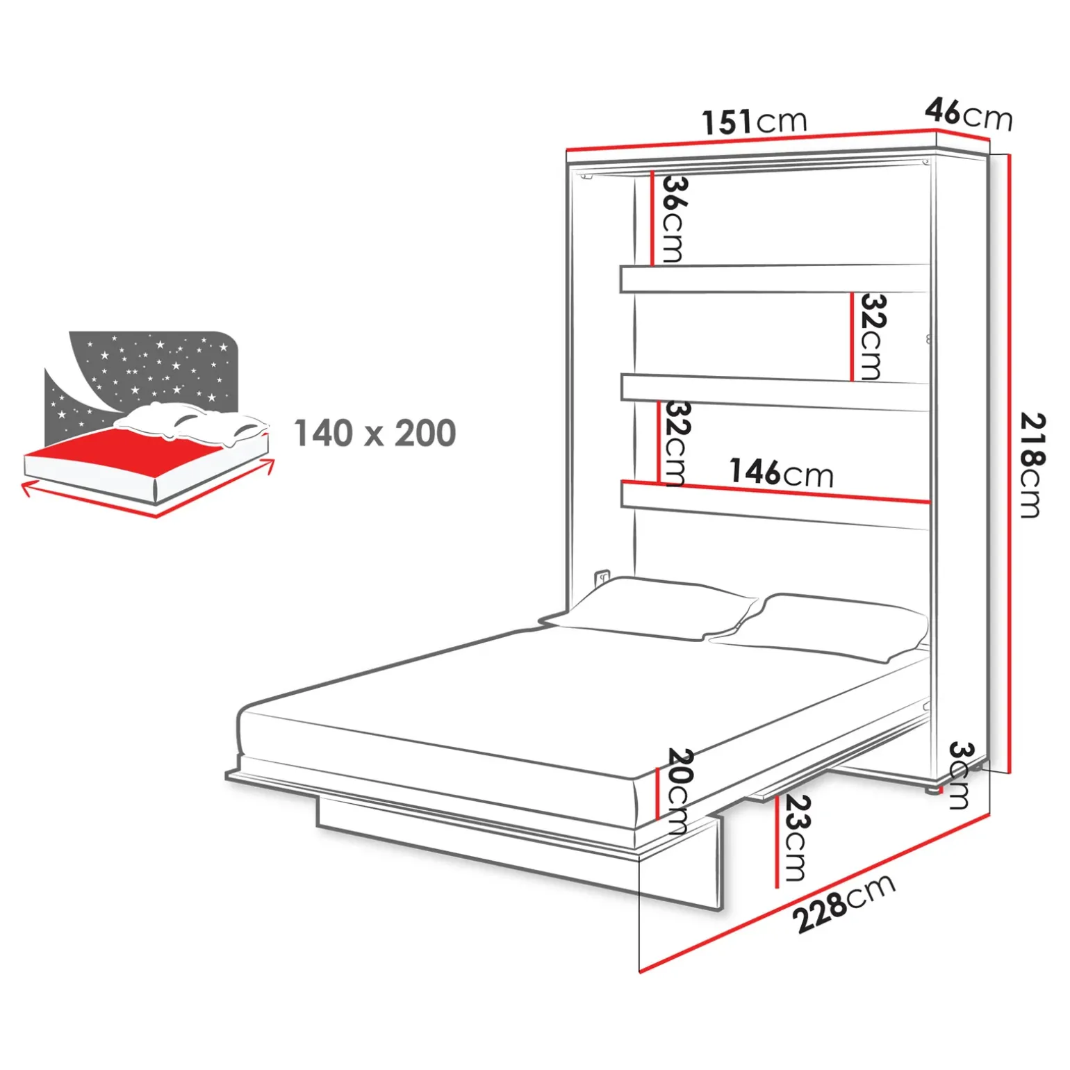 Letto a scomparsa verticale 140x200 cm alla francese bianco Camelio