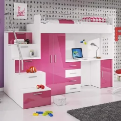Letto a soppalco con armadio 254x120cm bianco rosa Simone Gihome®