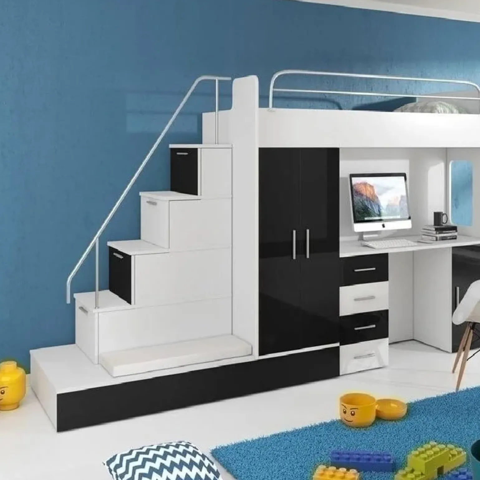 Letto a soppalco con armadio 324x180cm bianco nero 2 letti Diego Gihome®