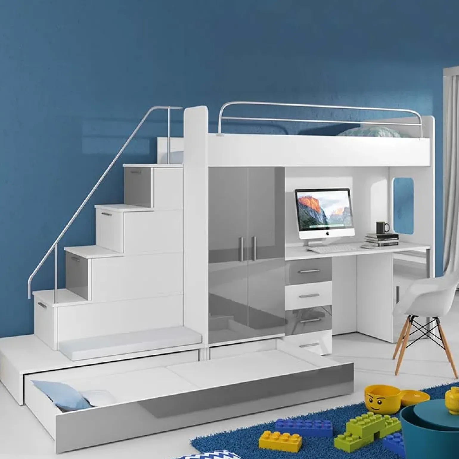 Letto a soppalco con armadio 324x180cm bianco grigio 2 letti Diego Gihome®
