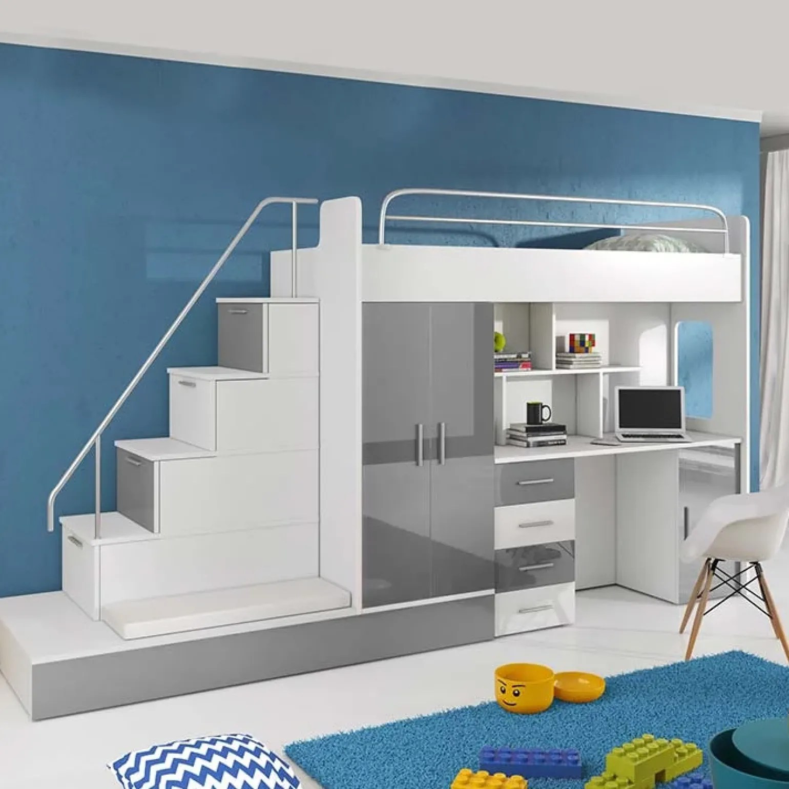 Letto a soppalco con armadio 324x180cm bianco grigio 2 letti Diego Gihome®
