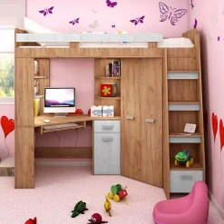 Letto a soppalco 204x120cm destra rovere miele bianco frassinato Dollie Gihome®