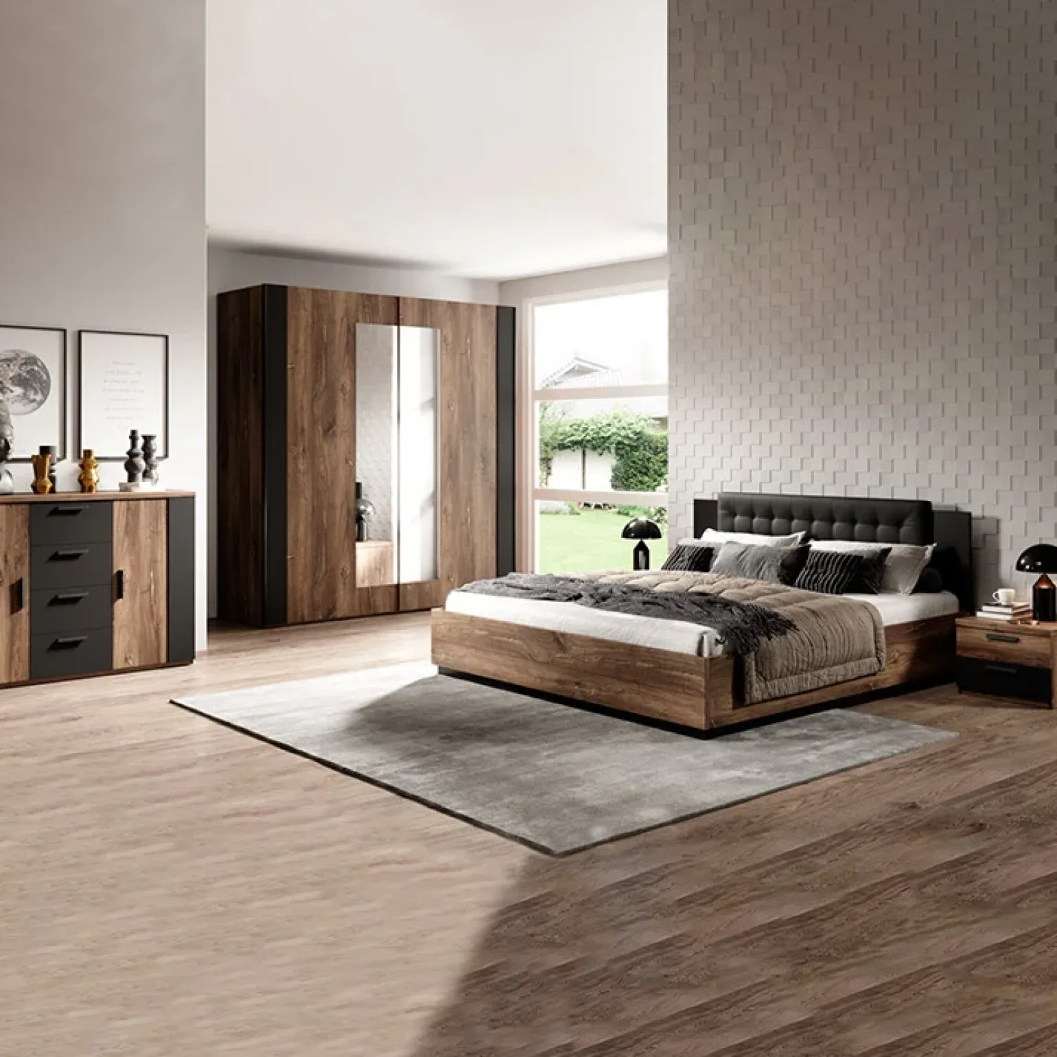 Letto alla francese contenitore 140x200cm rovere scuro nero Vulcano