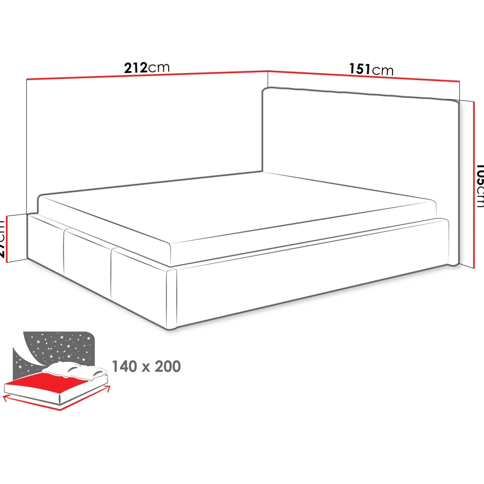 Letto alla francese 140x200 cm con rete contenitore imbottito grigio Orione