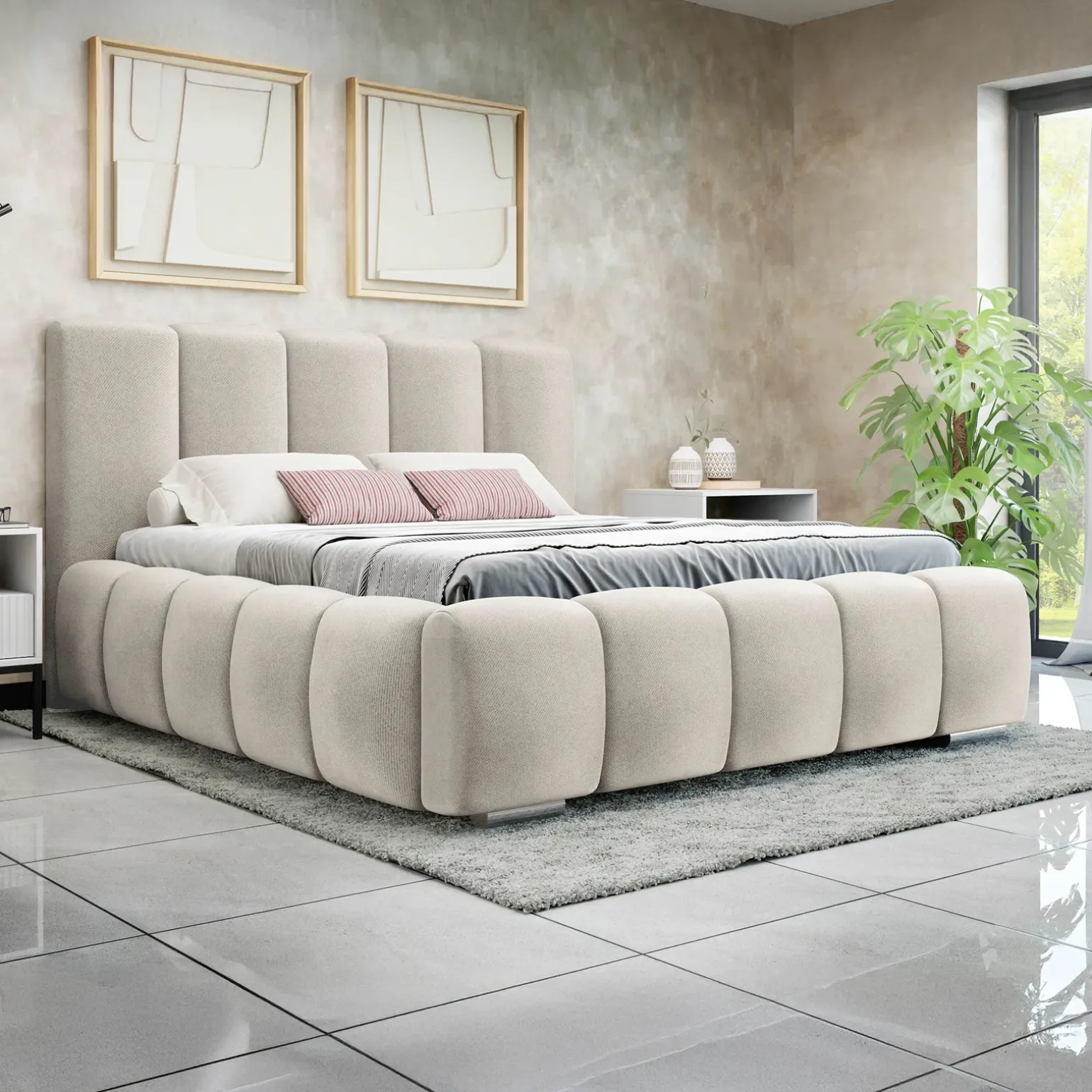 Letto alla francese 140x200 cm con rete contenitore imbottito beige Cometa