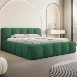Letto alla francese 140x200cm con rete contenitore imbottito tessuto bouclé verde Aluna