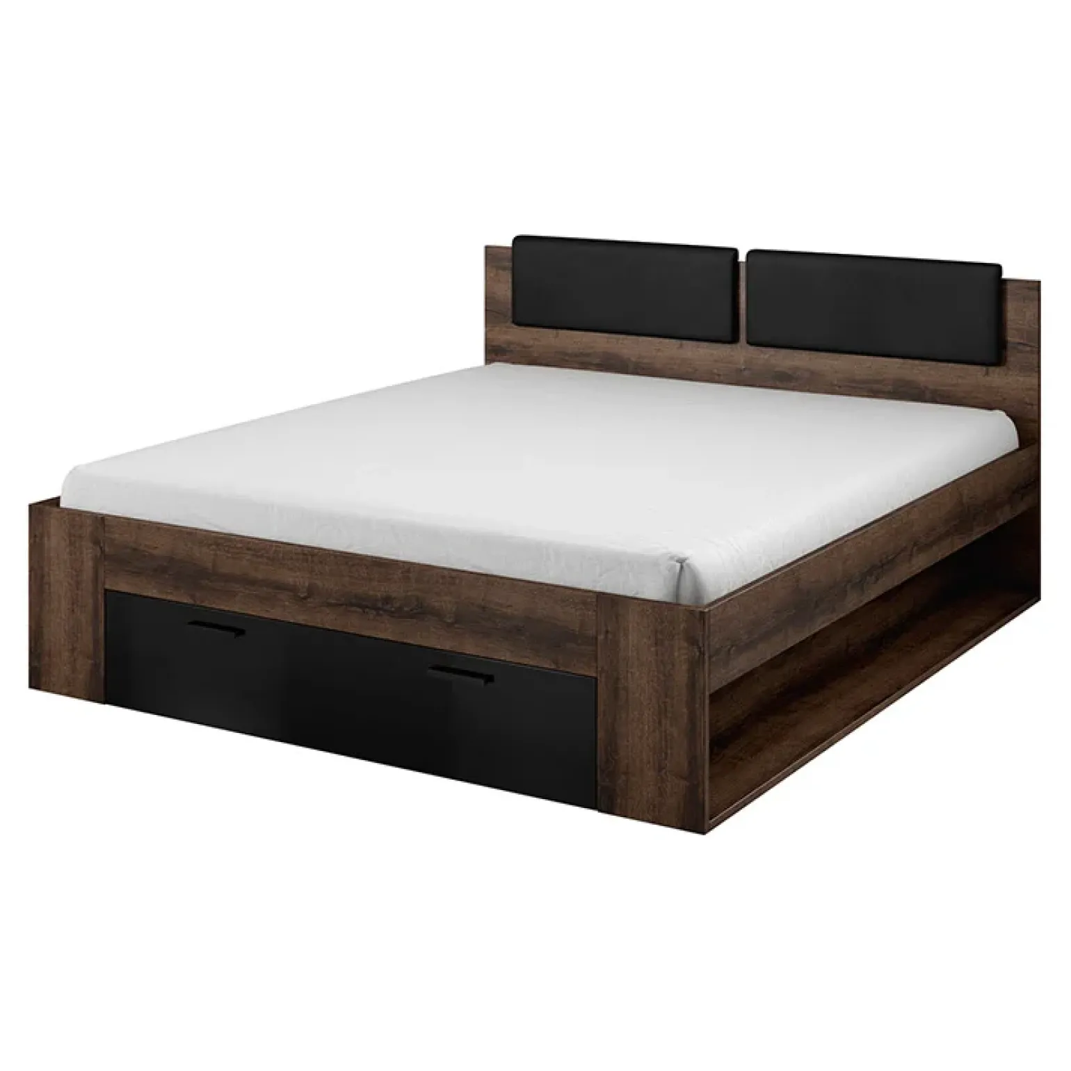 Letto alla francese 140x200cm con cassettone e vani laterali rovere scuro nero lucido Cortina Gihome®