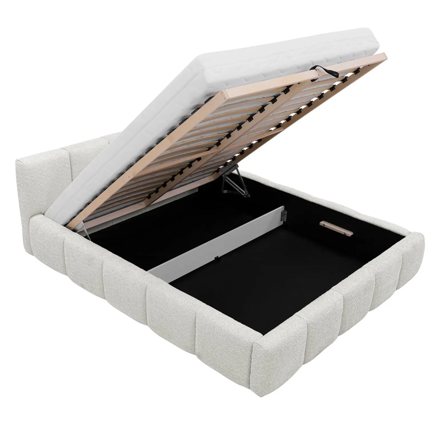 Letto alla francese 140x200cm con rete contenitore imbottito tessuto bouclé bianco Aluna