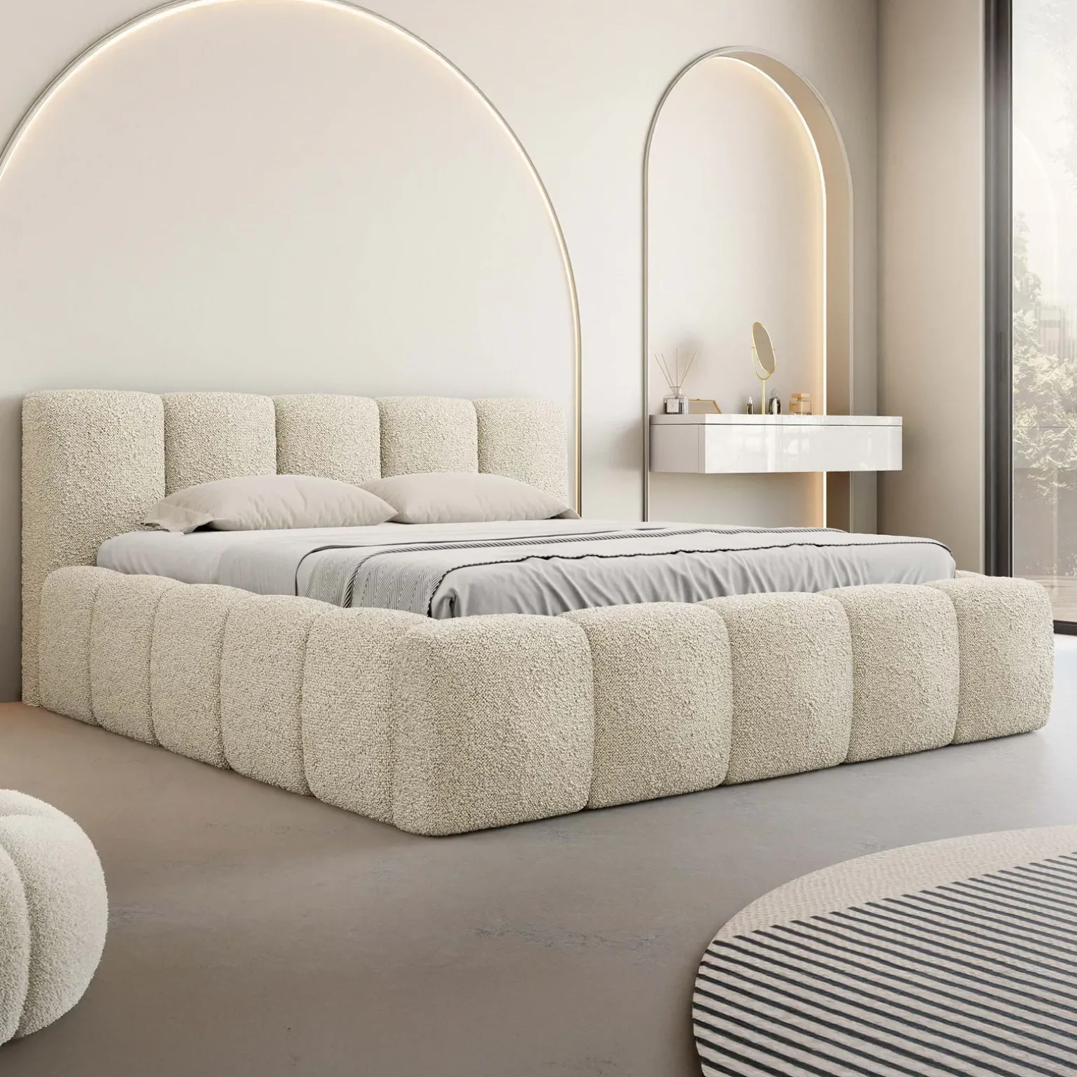 Letto alla francese 140x200cm con rete contenitore imbottito tessuto bouclé beige Aluna