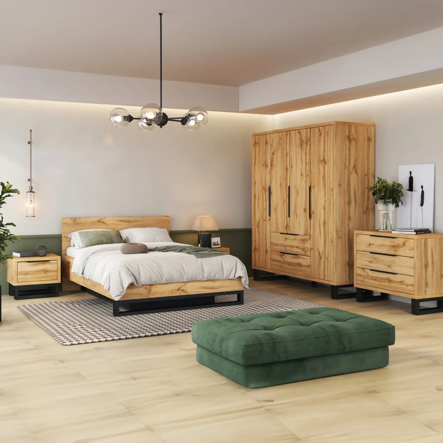 Letto alla francese 140x200cm rovere metallo nero Petra