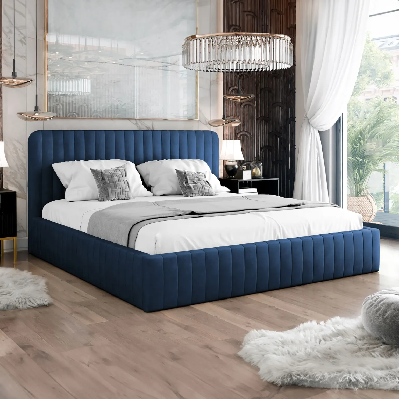 Letto contenitore alla francese 140x200cm imbottito velluto blu Poffi