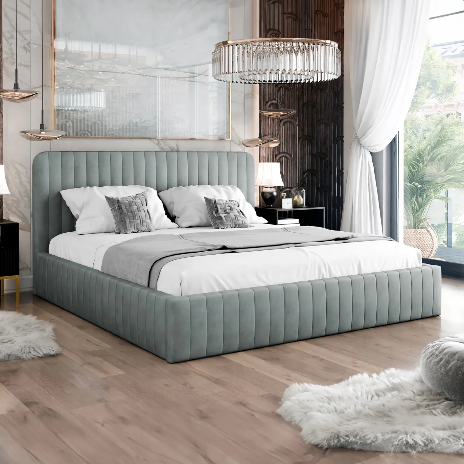 Letto contenitore alla francese 140x200cm imbottito velluto grigio Poffi