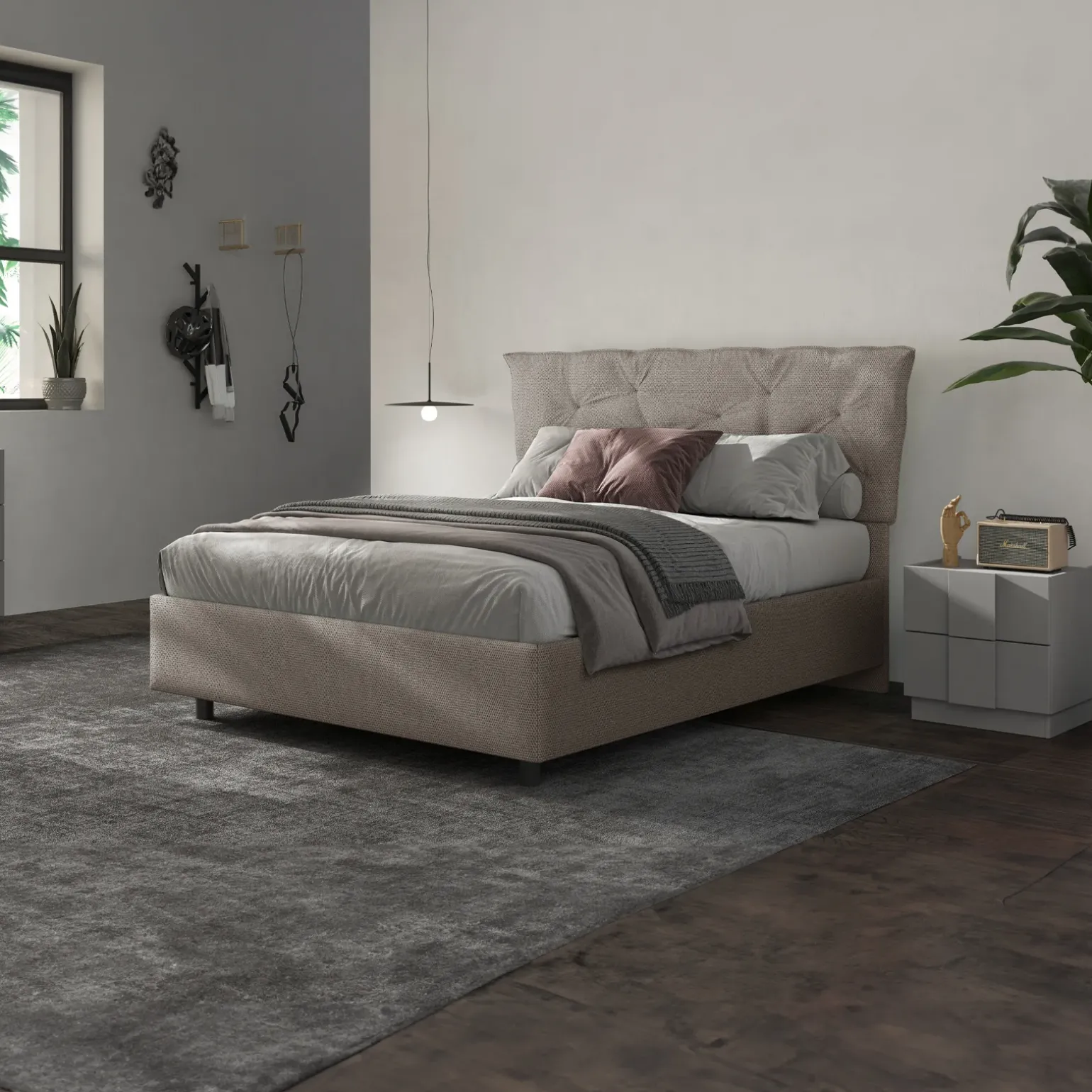 Letto contenitore matrimoniale 160x195 imbottito tessuto tortora DreamSpace