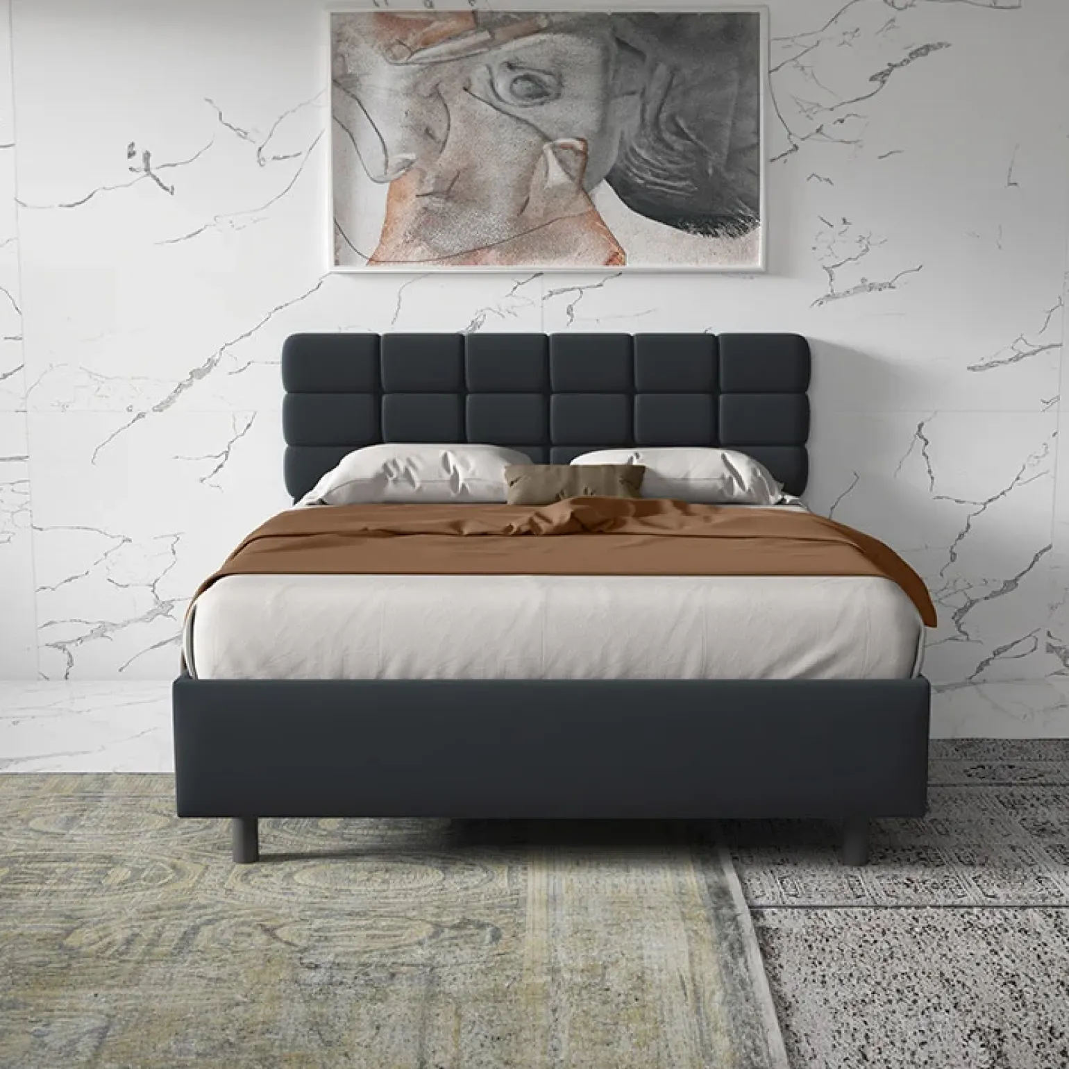 Letto contenitore matrimoniale 160x195 imbottito tessuto antracite Supreme Sleep