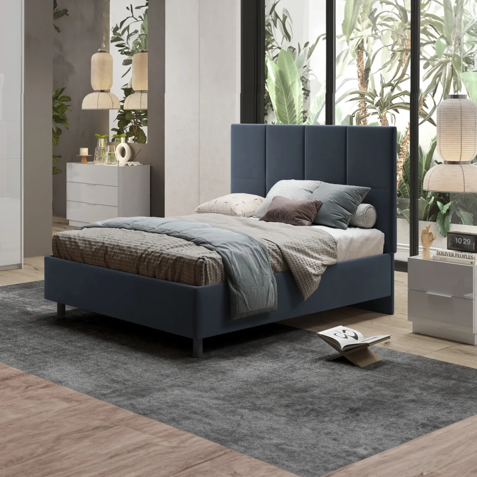 Letto contenitore matrimoniale 160x195 imbottito tessuto blu SleepSolutions