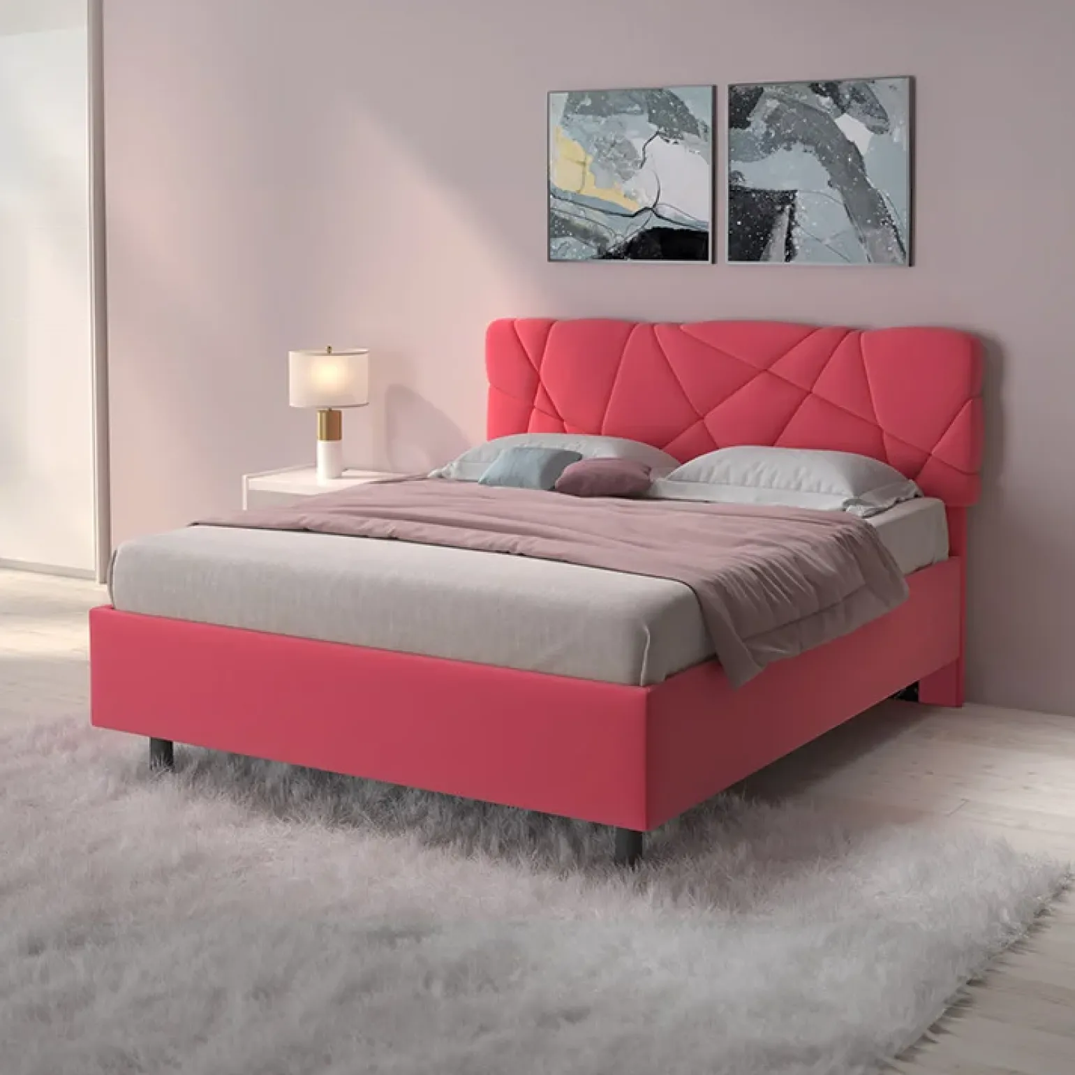 Letto contenitore matrimoniale 160x195 imbottito tessuto rosa LuxeSleep