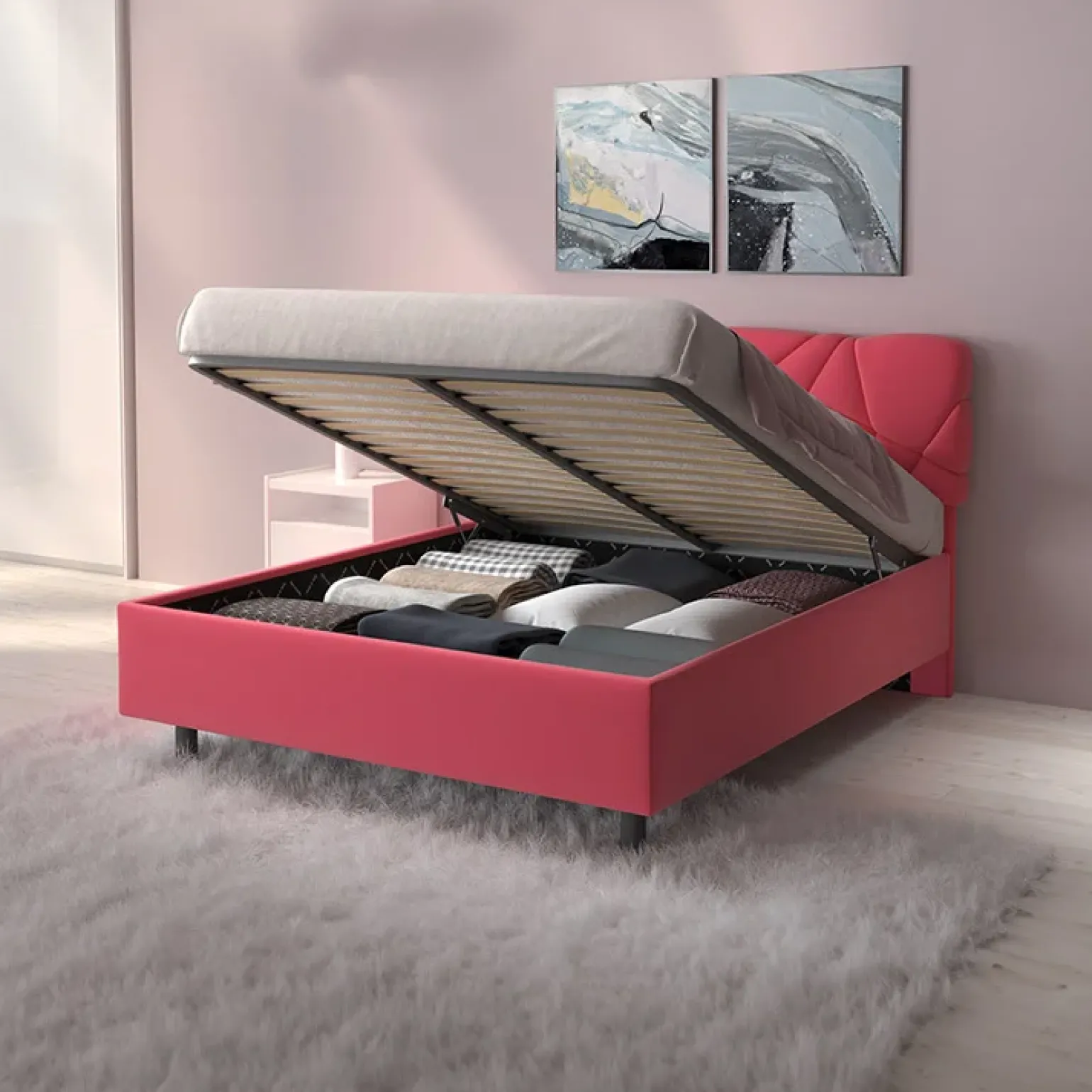 Letto contenitore matrimoniale 160x195 imbottito tessuto rosa LuxeSleep