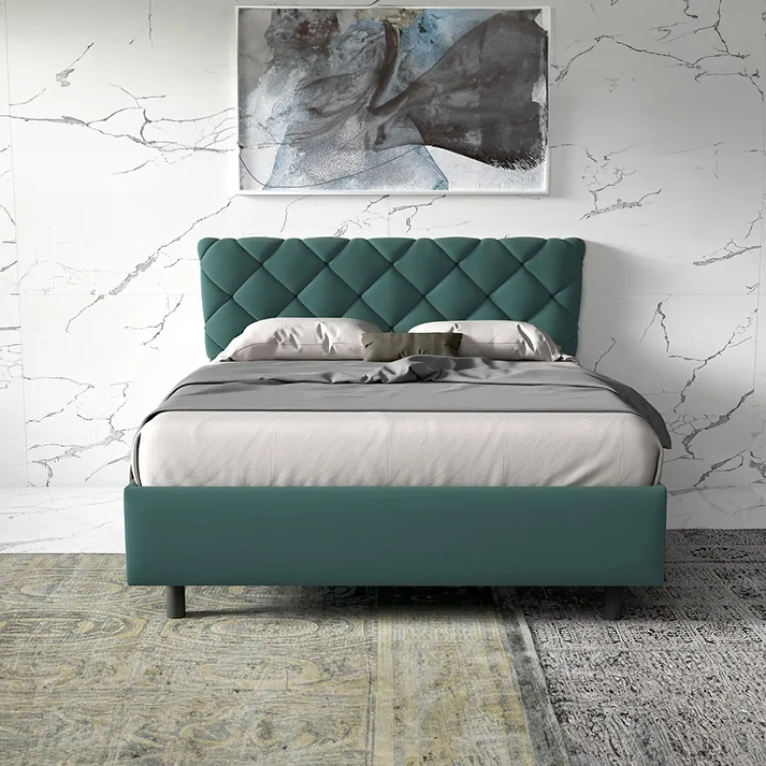 Letto contenitore matrimoniale 160x195 imbottito tessuto petrolio ZenZone