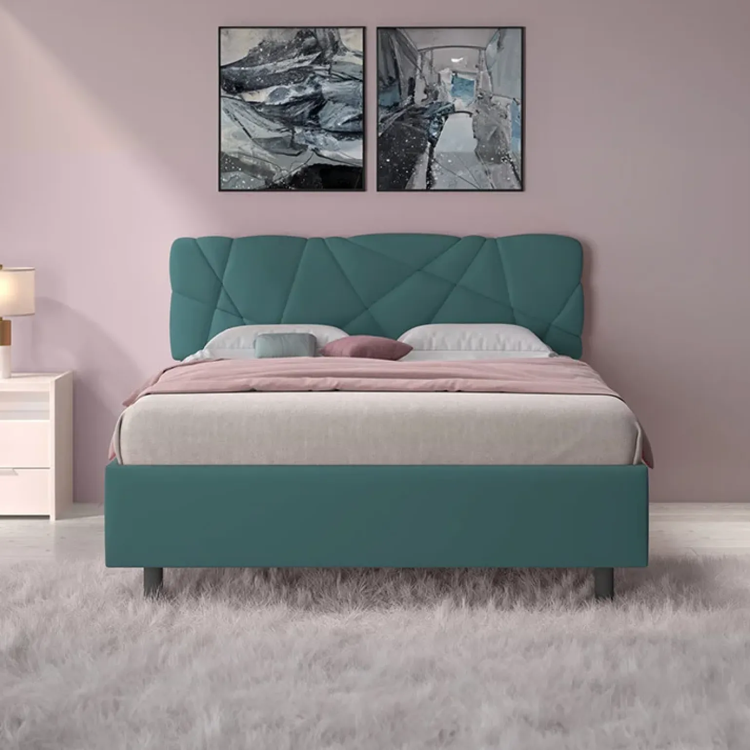 Letto contenitore matrimoniale 160x195 imbottito tessuto petrolio LuxeSleep