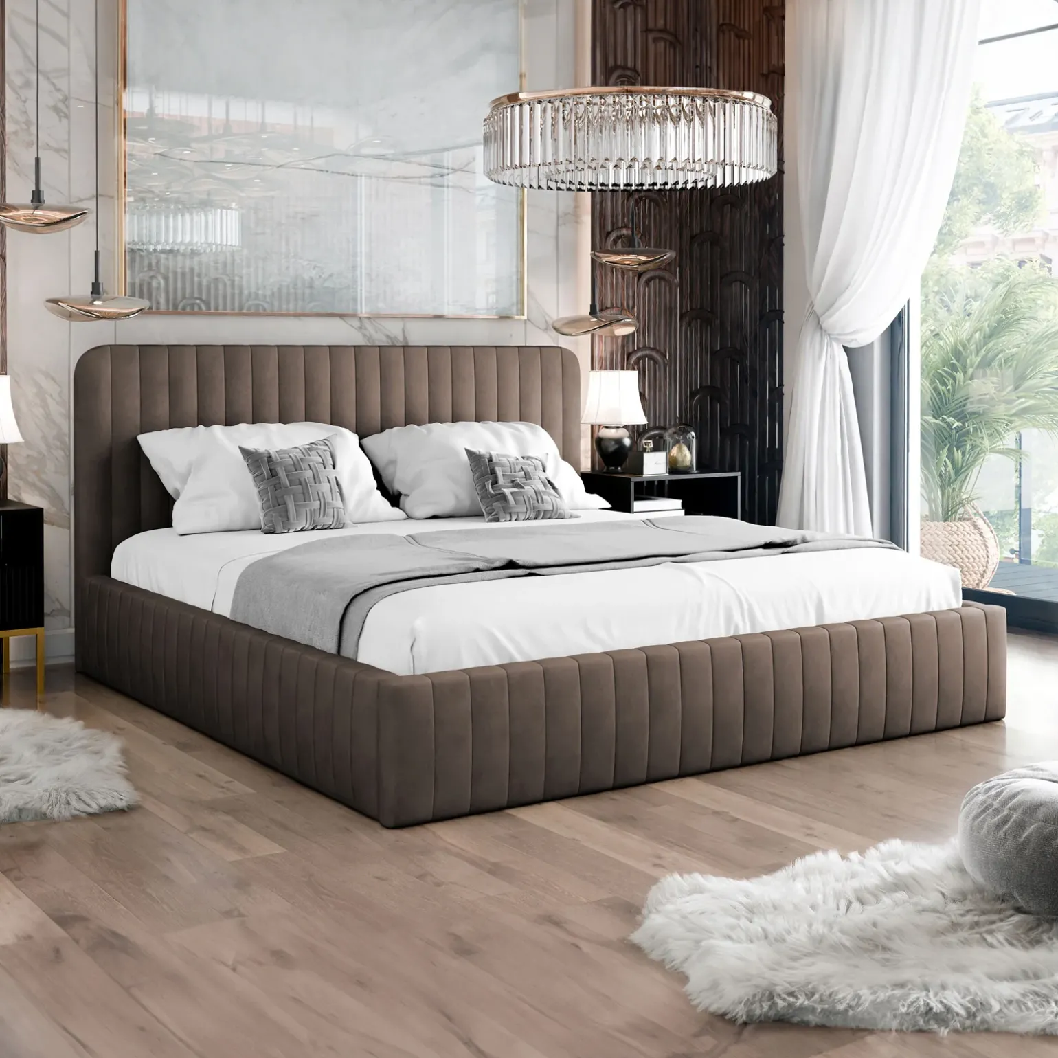 Letto contenitore matrimoniale 160x200 imbottito velluto marrone Poffi