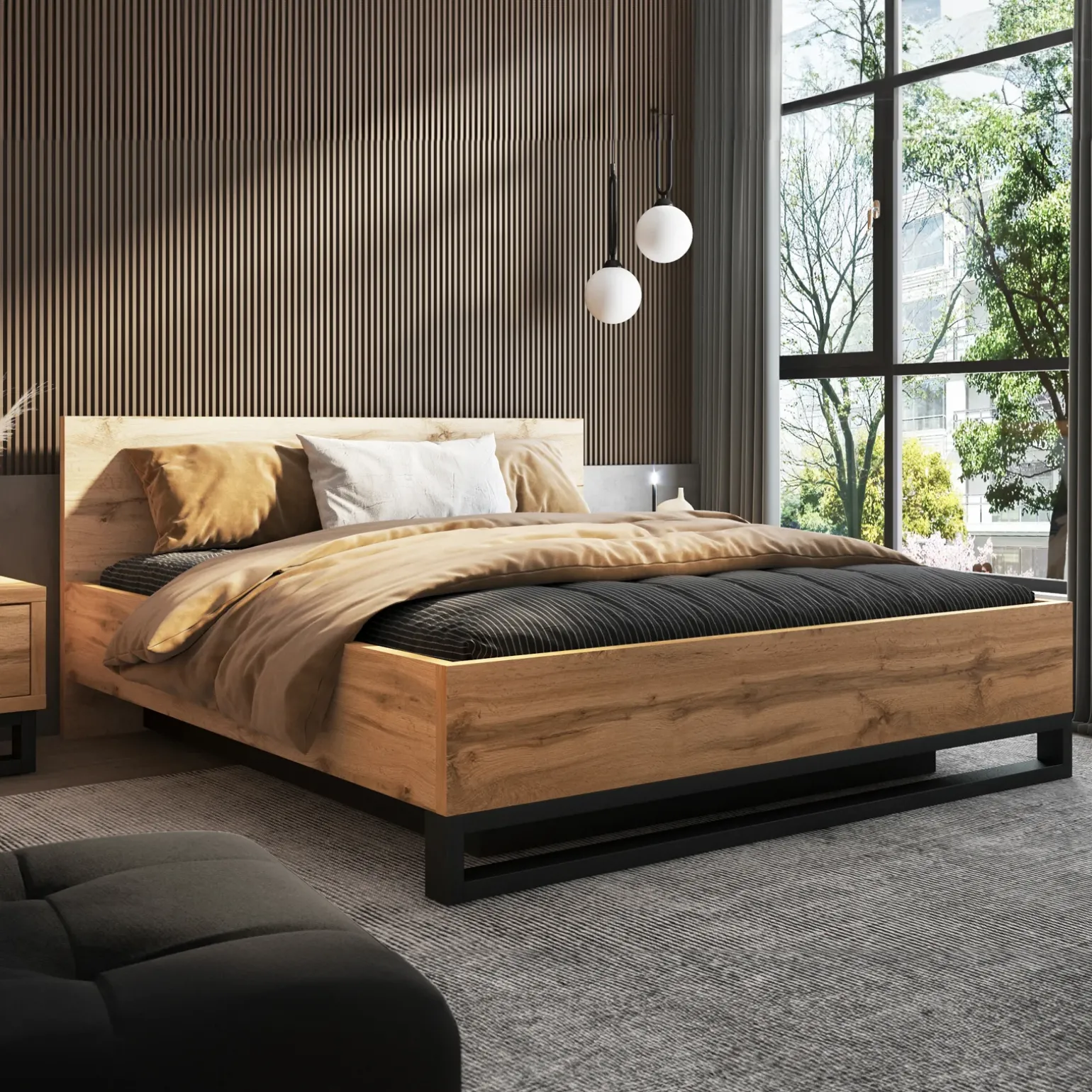 Letto contenitore matrimoniale oversize 180x200cm rovere metallo nero Petra