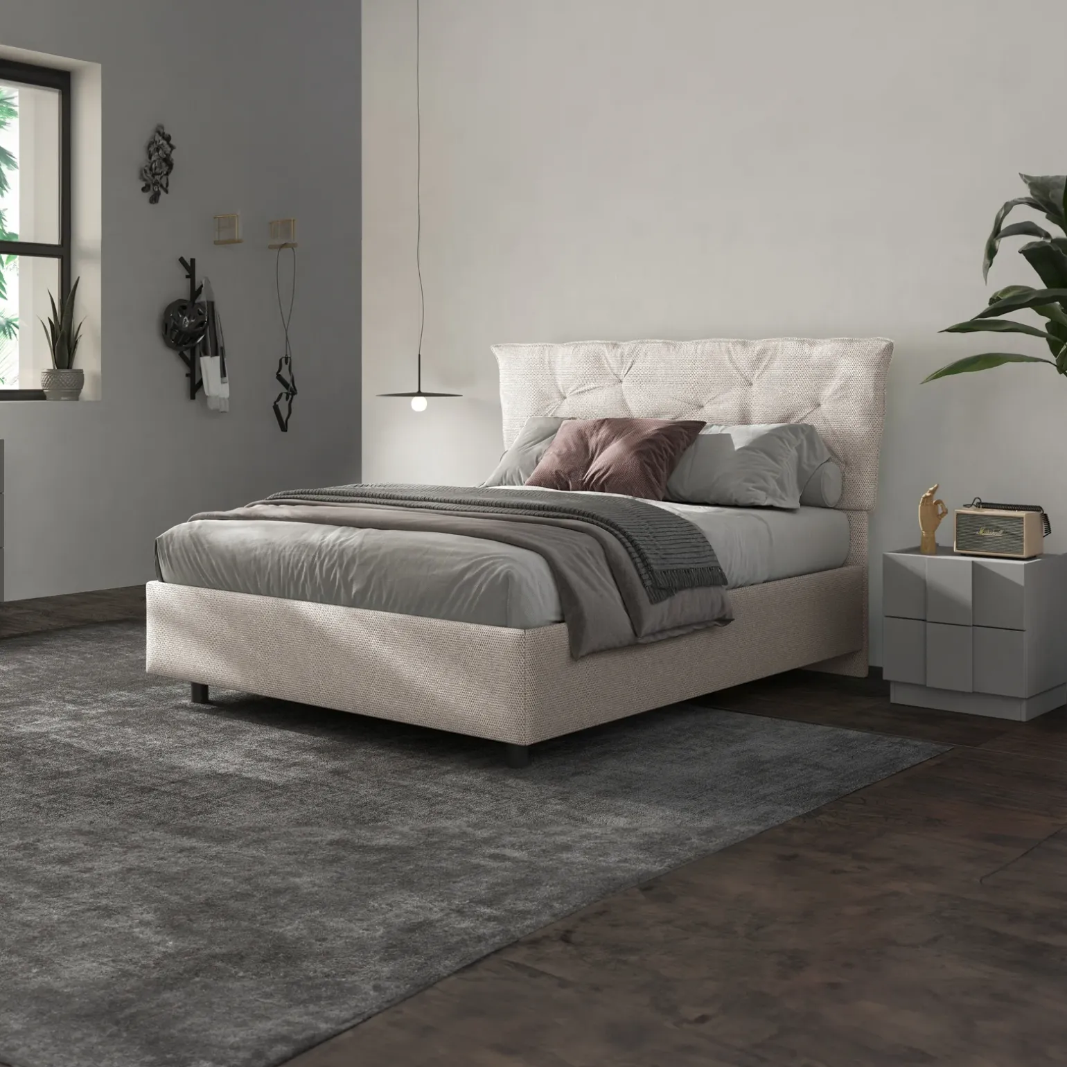 Letto contenitore matrimoniale 160x195cm imbottito tessuto bianco sabbia DreamSpace
