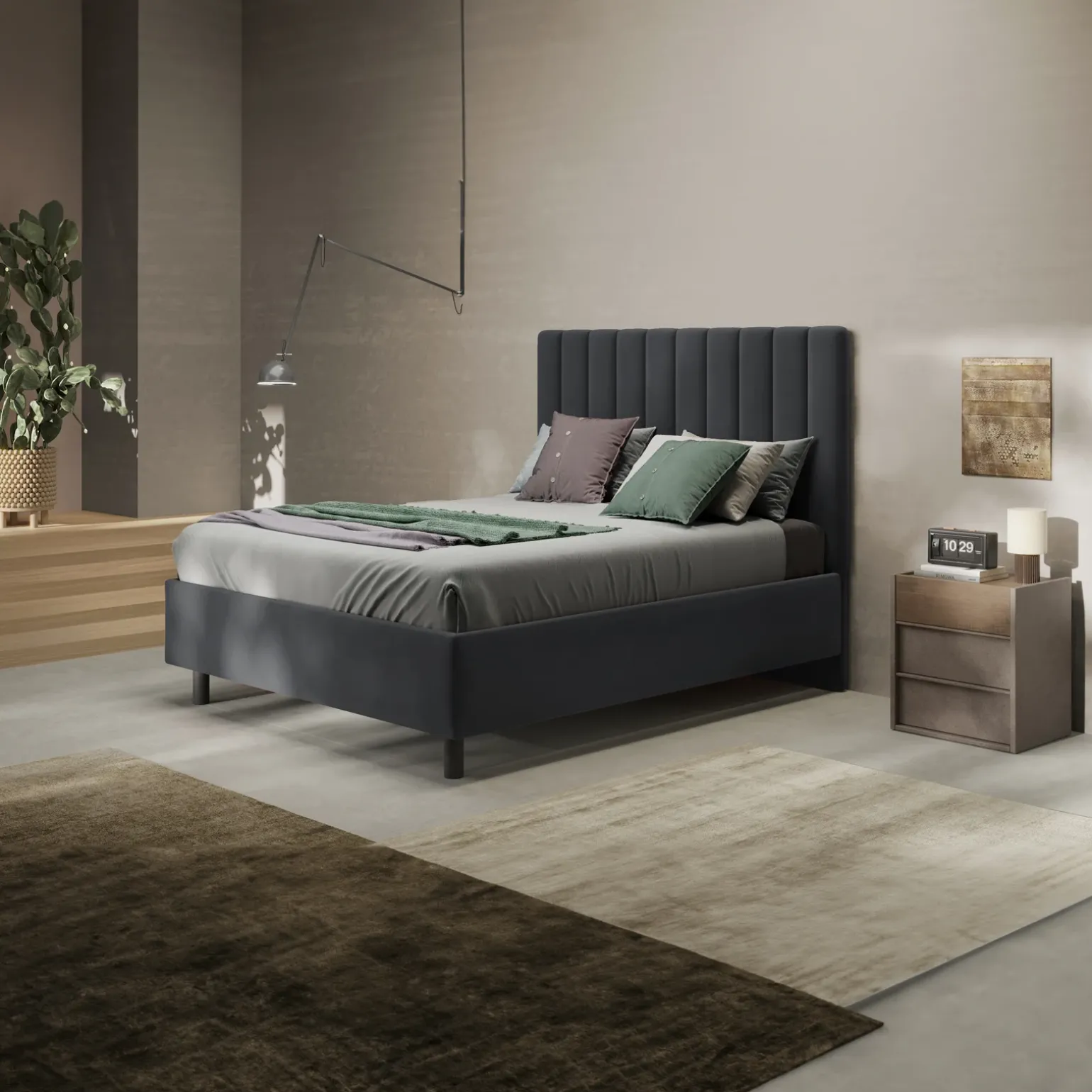 Letto contenitore matrimoniale 160x195cm imbottito tessuto antracite CozyCubby