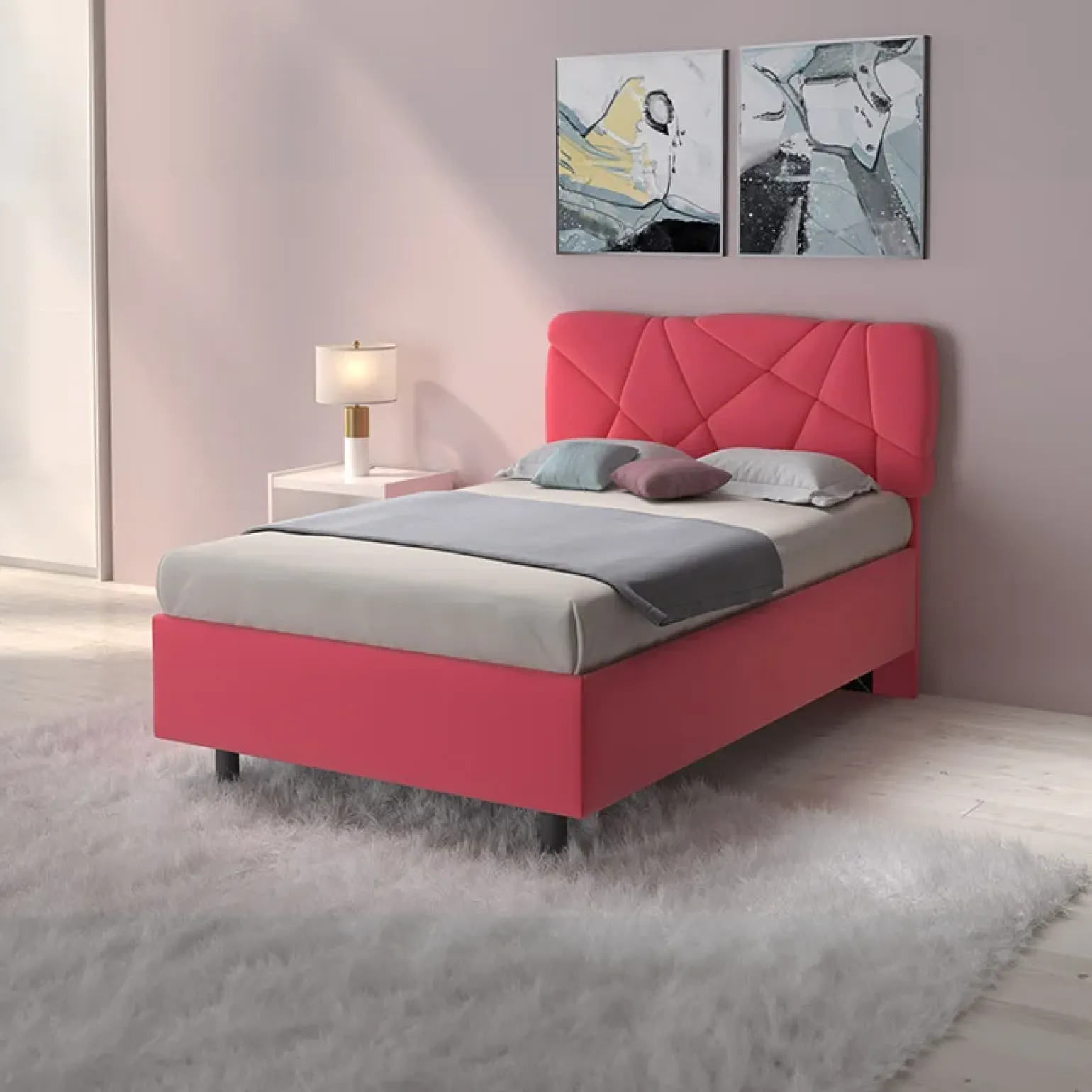 Letto contenitore una piazza e mezza 120x195cm imbottito tessuto rosa LuxeSleep