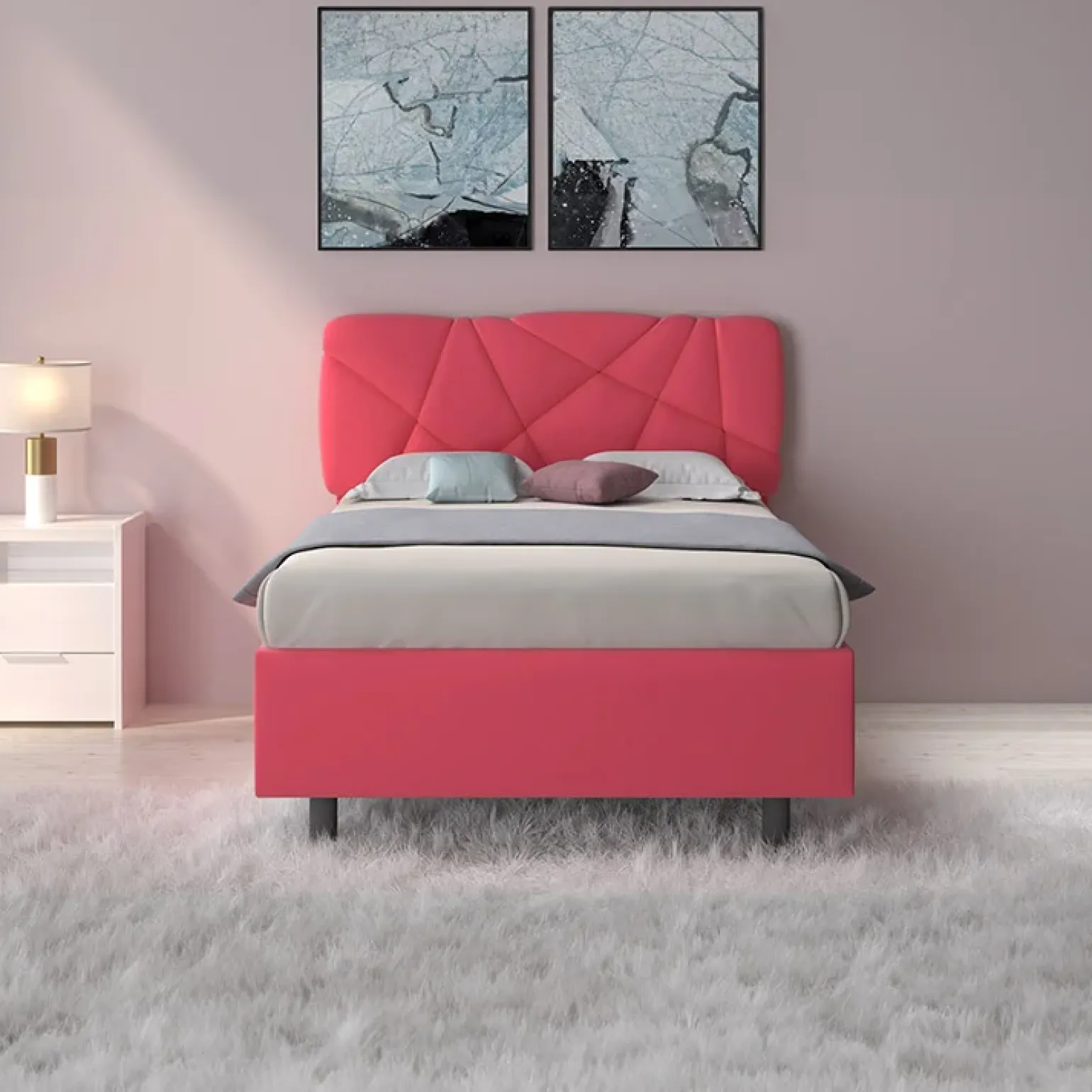 Letto contenitore una piazza e mezza 120x195cm imbottito tessuto rosa LuxeSleep