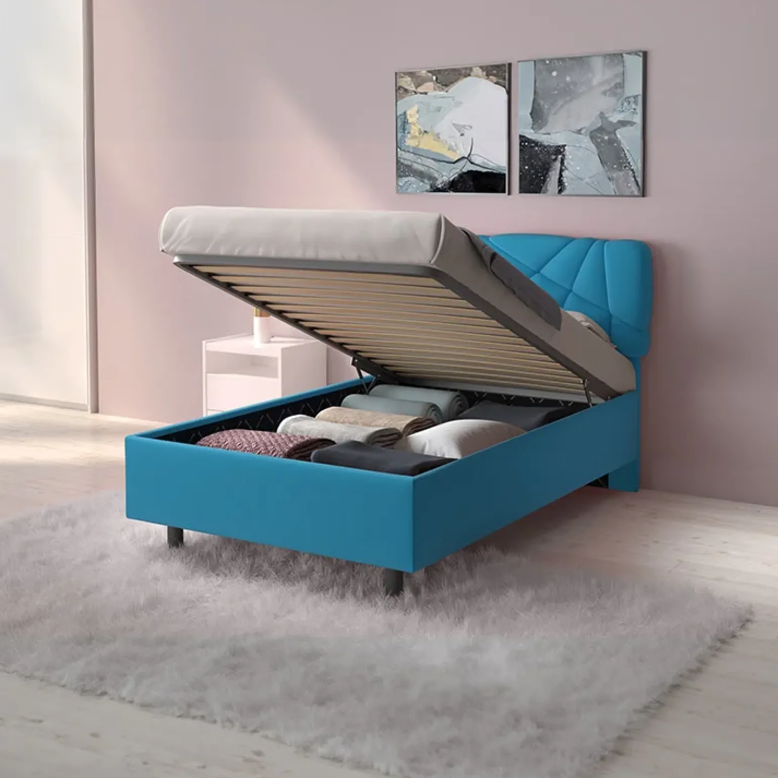 Letto contenitore una piazza e mezza 120x195 imbottito tessuto azzurro LuxeSleep
