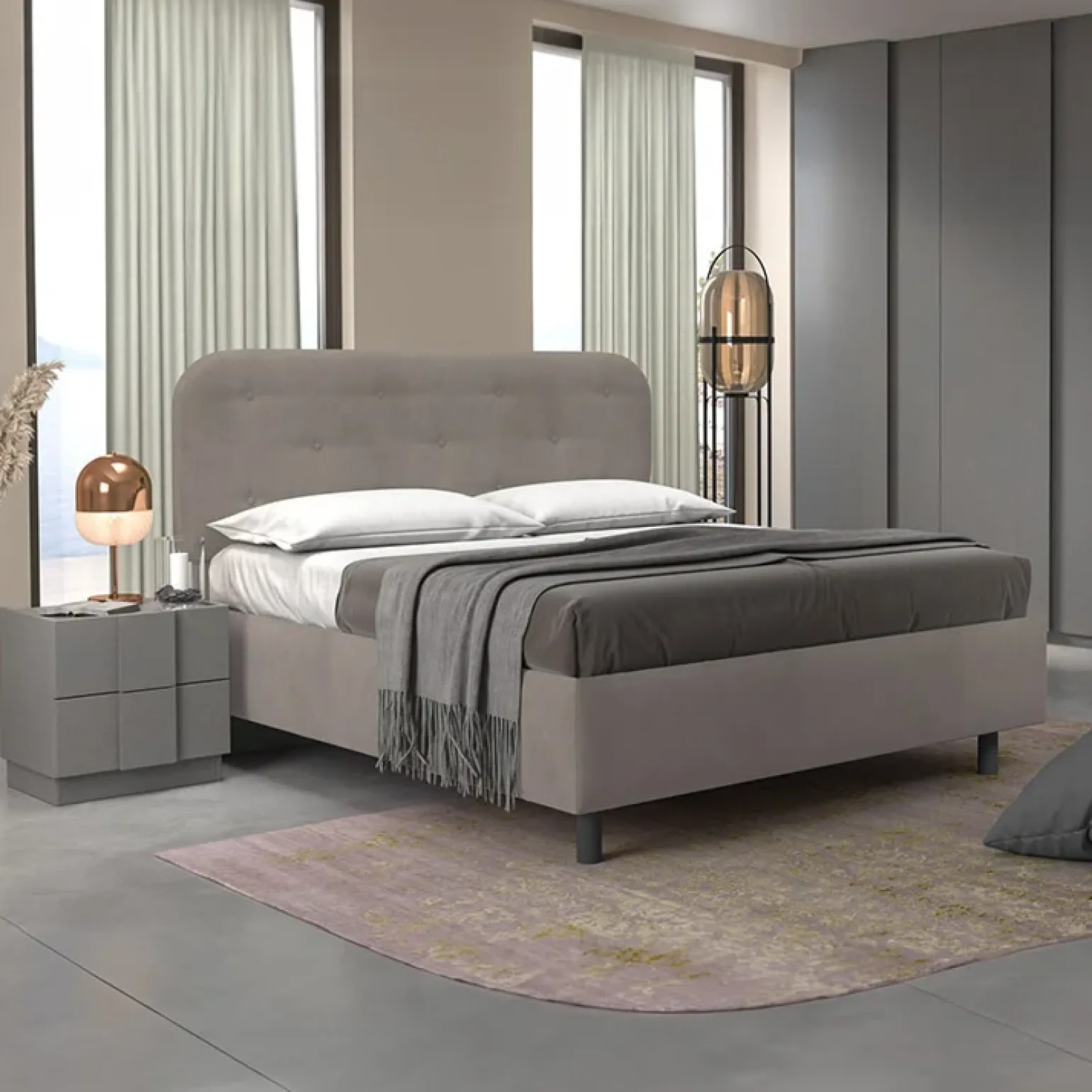 Letto contenitore una piazza e mezza 120x195cm imbottito tessuto tortora DreamLift