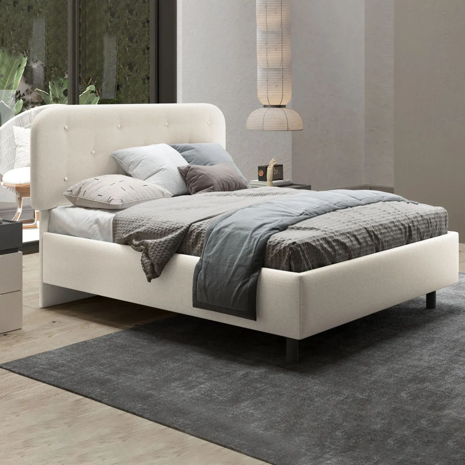 Letto contenitore una piazza e mezza 120x195cm imbottito tessuto bianco sabbia DreamLift