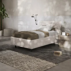 Letto contenitore una piazza e mezza 120x195 imbottito tessuto bianco sabbia DreamSpace