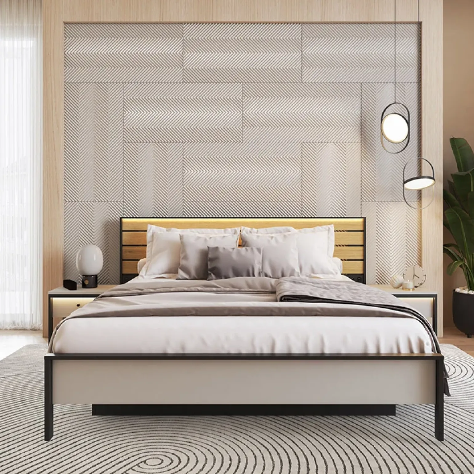 Letto matrimoniale contenitore 160x200cm con LED e presa USB-C grigio nero rovere Luna