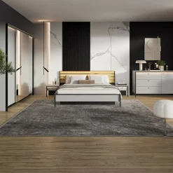 Letto matrimoniale contenitore 160x200cm con LED e presa USB-C grigio nero rovere Luna