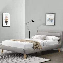 Letto matrimoniale in tessuto 160x200cm grigio chiaro legno naturale Pompei Gihome®