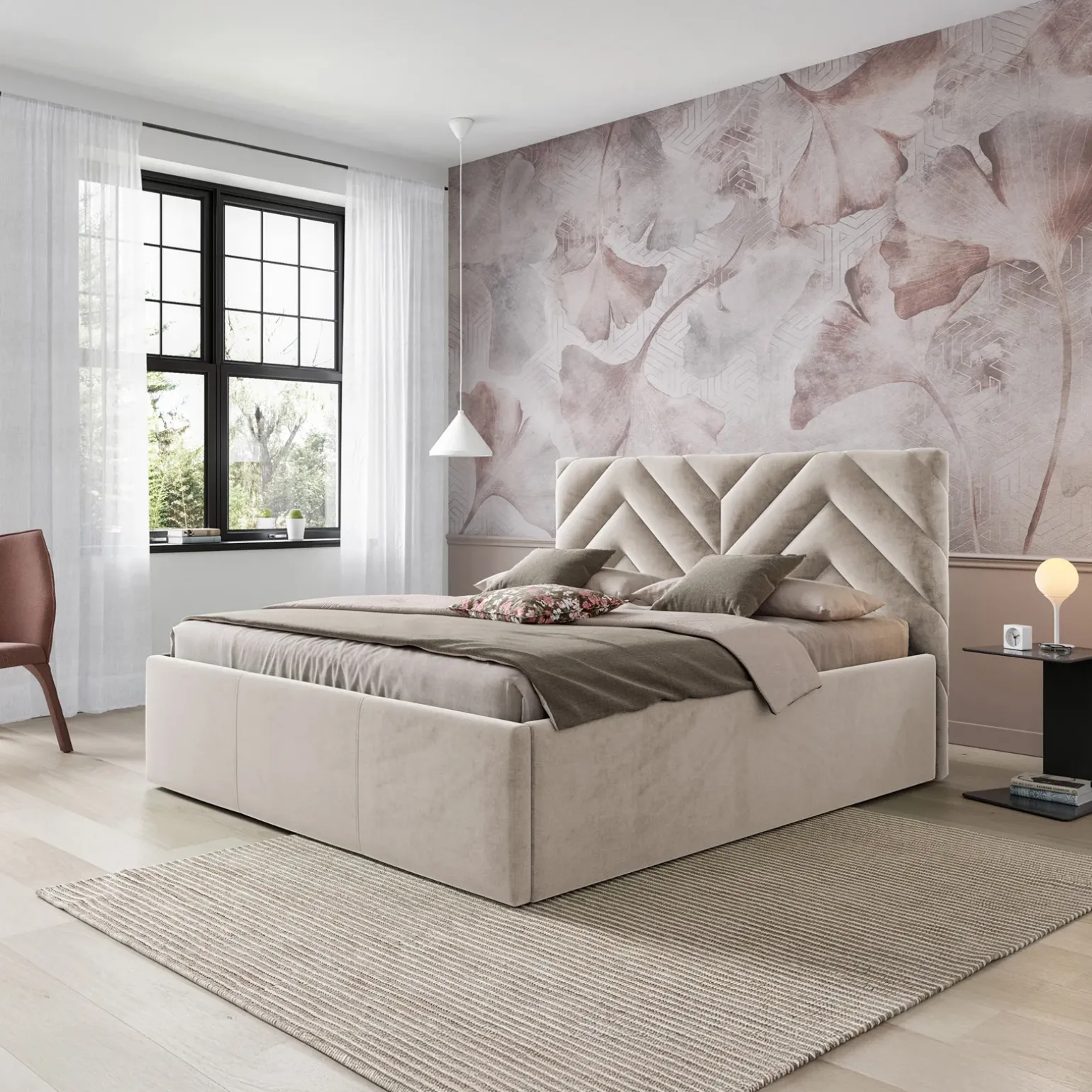 Letto matrimoniale oversize 180x200 cm con rete contenitore imbottito beige Polaris