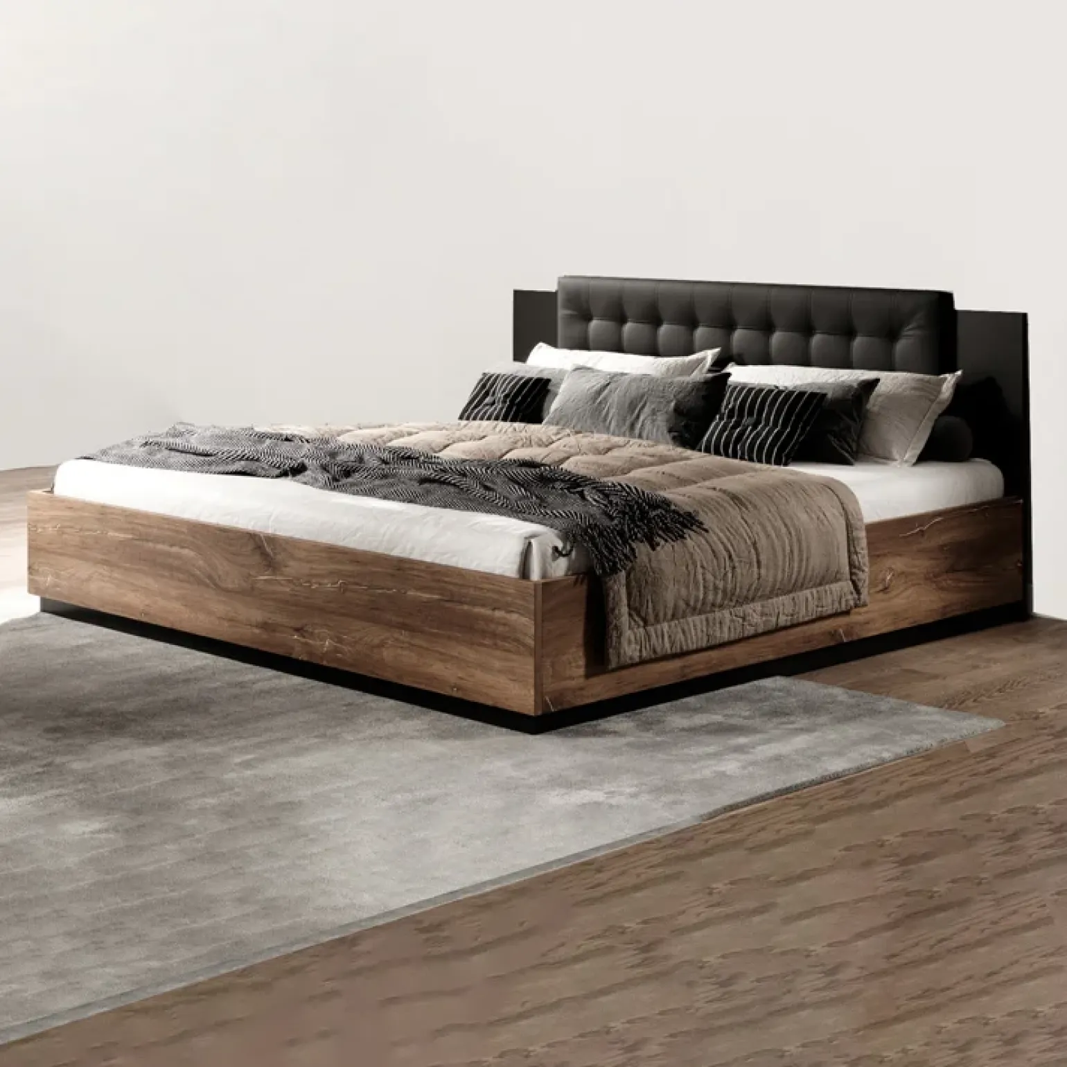 Letto matrimoniale oversize 180x200cm con rete contenitore quercia scuro nero Vulcano