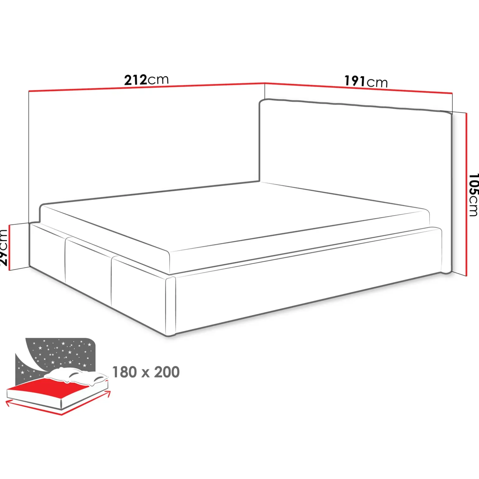 Letto matrimoniale oversize 180x200 cm con rete contenitore imbottito grigio Orione