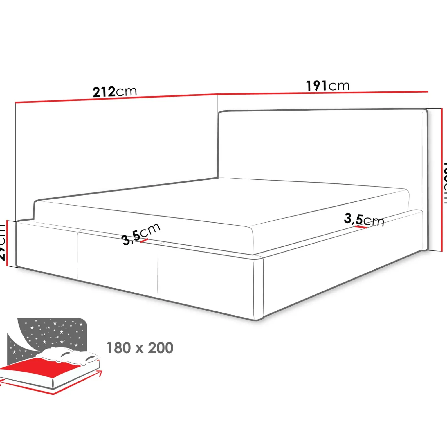 Letto matrimoniale oversize 180x200 cm con rete contenitore imbottito grigio chiaro Silla