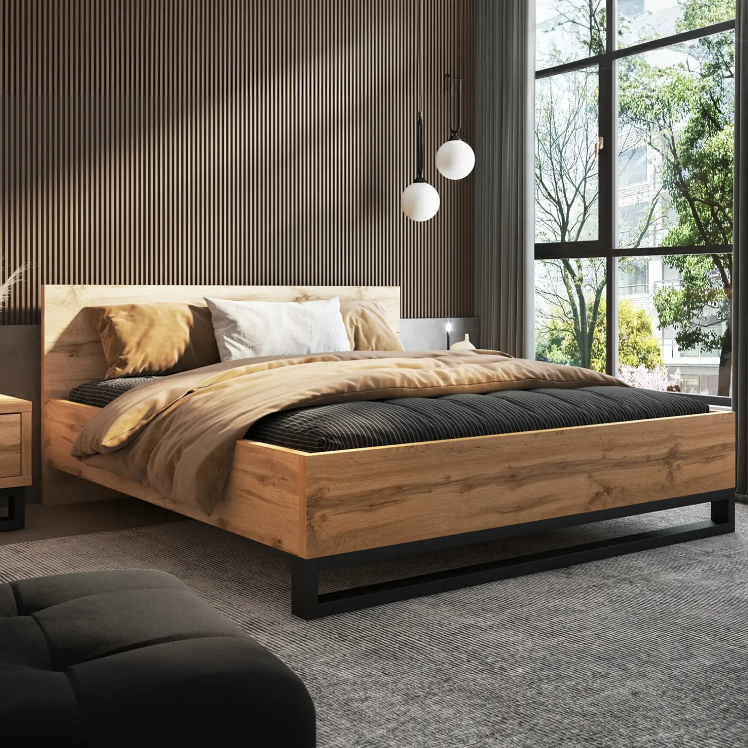 Letto matrimoniale oversize 180x200cm rovere metallo nero Petra