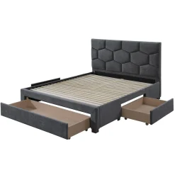 Letto matrimoniale 160x200 cm con rete a doghe imbottito con cassetti contenitore grigio Jay