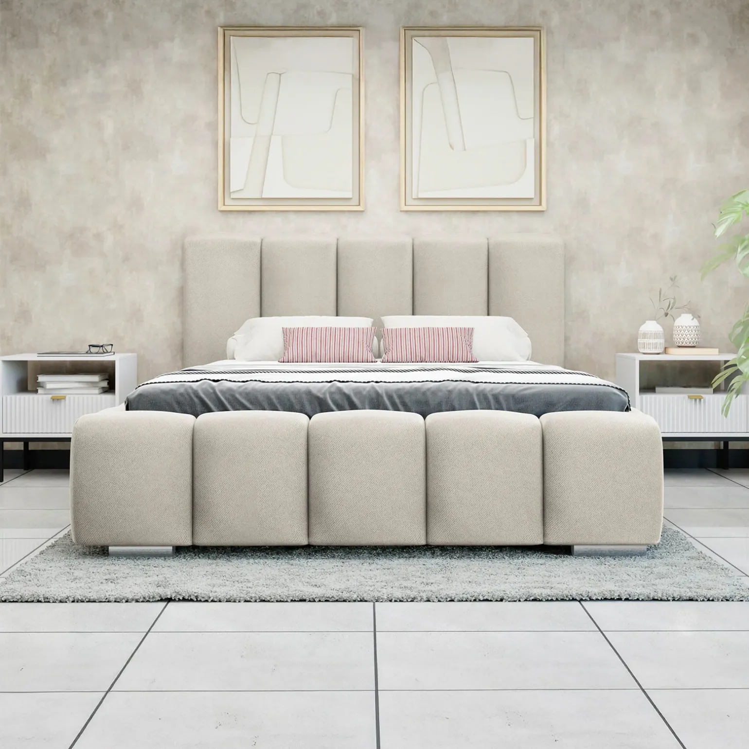 Letto matrimoniale 160x200 cm con rete contenitore imbottito beige Cometa