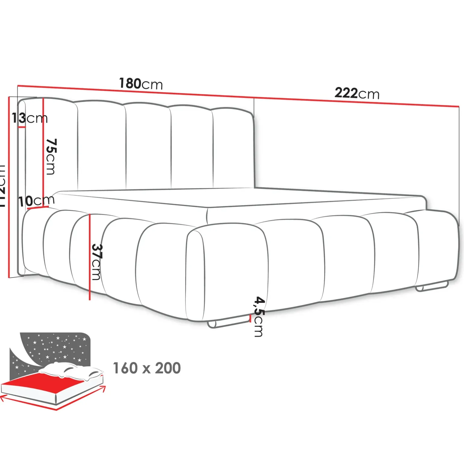 Letto matrimoniale 160x200 cm con rete contenitore imbottito beige Cometa