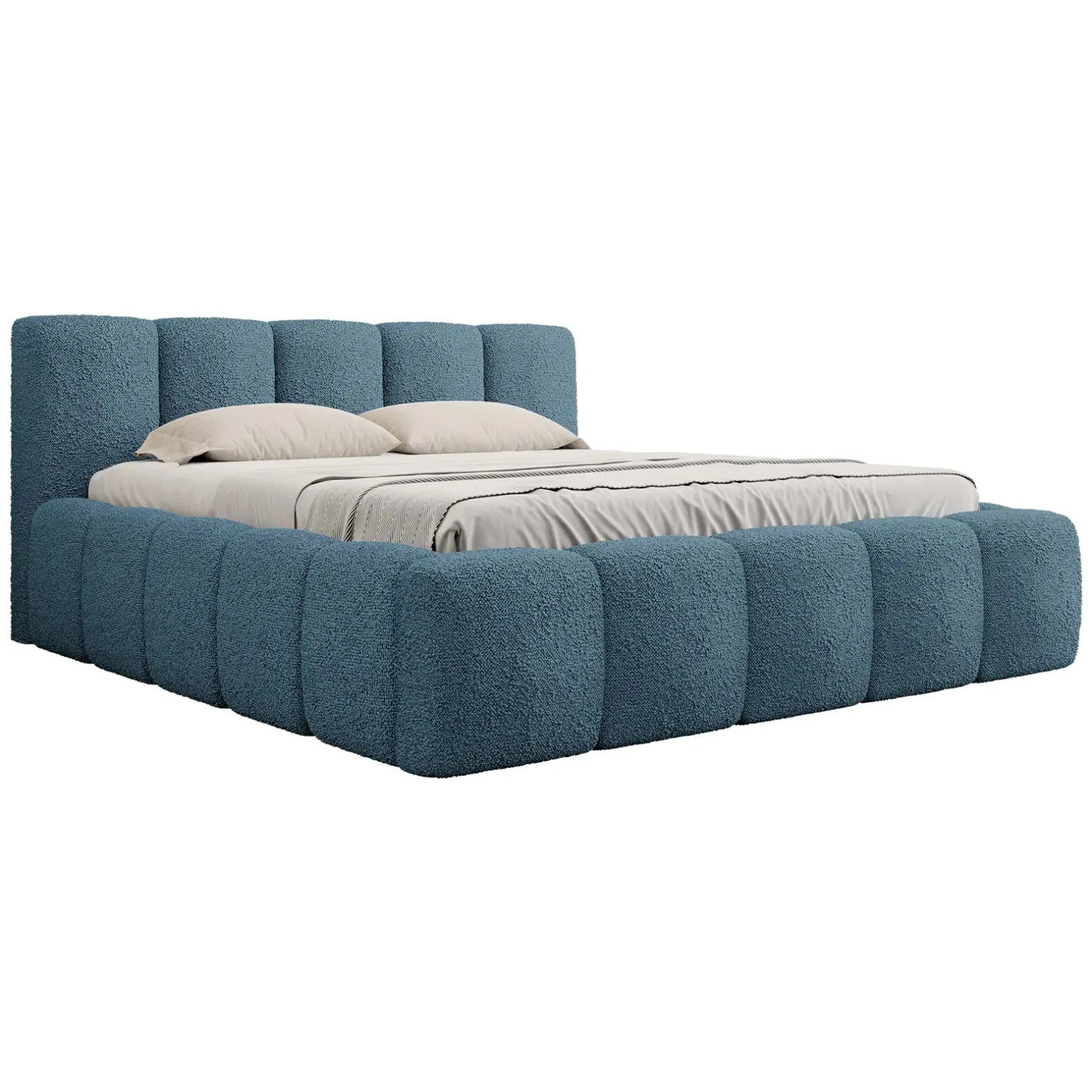 Letto matrimoniale 160x200cm con rete contenitore imbottito tessuto bouclé turchese Aluna
