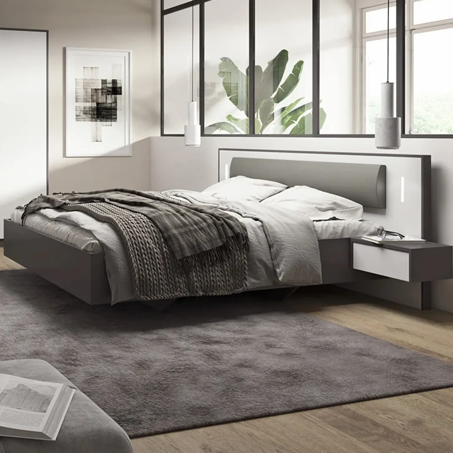 Letto matrimoniale 160x200cm con comodini grigio scuro bianco Allison