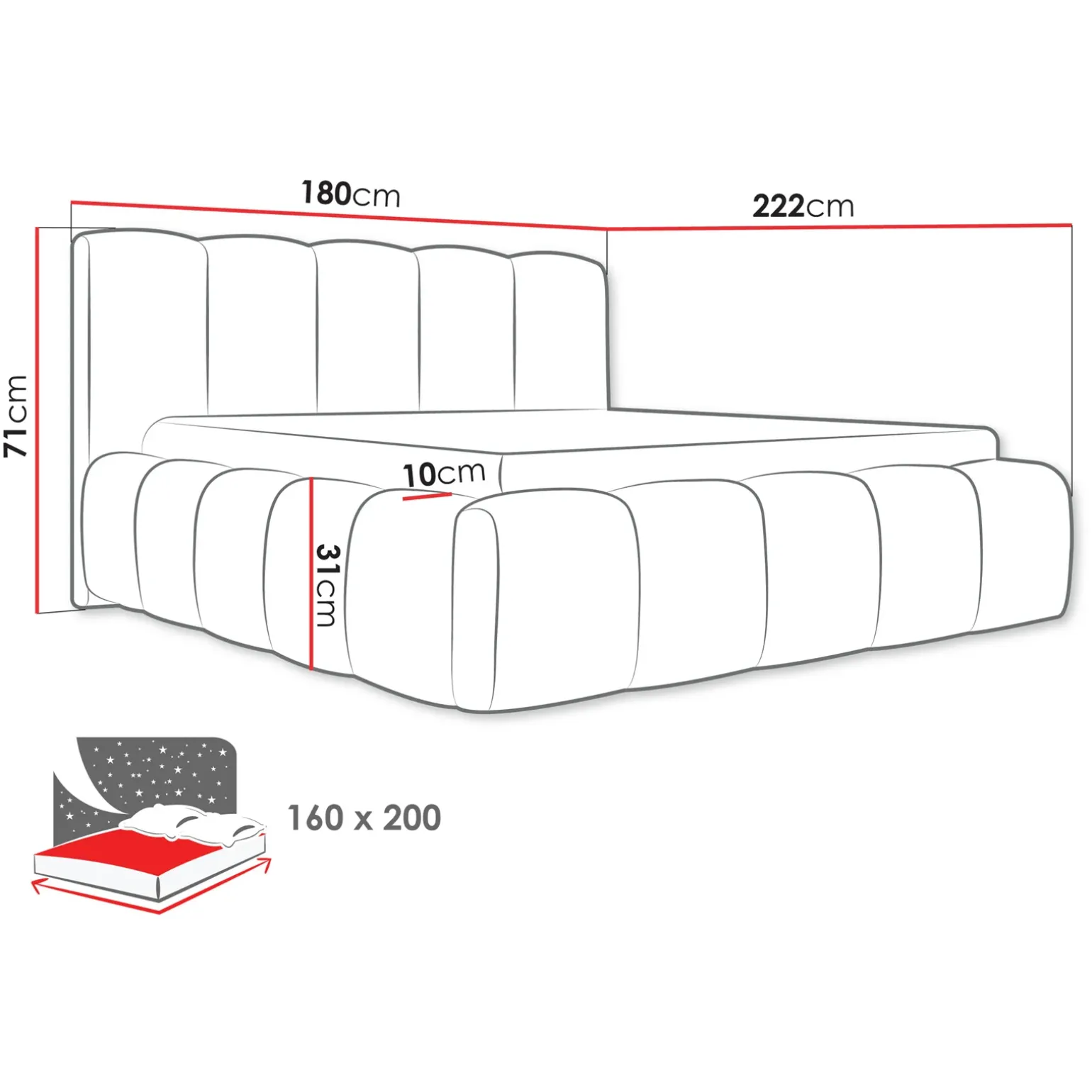 Letto matrimoniale 160x200cm con rete contenitore imbottito rosso mattone Aluna